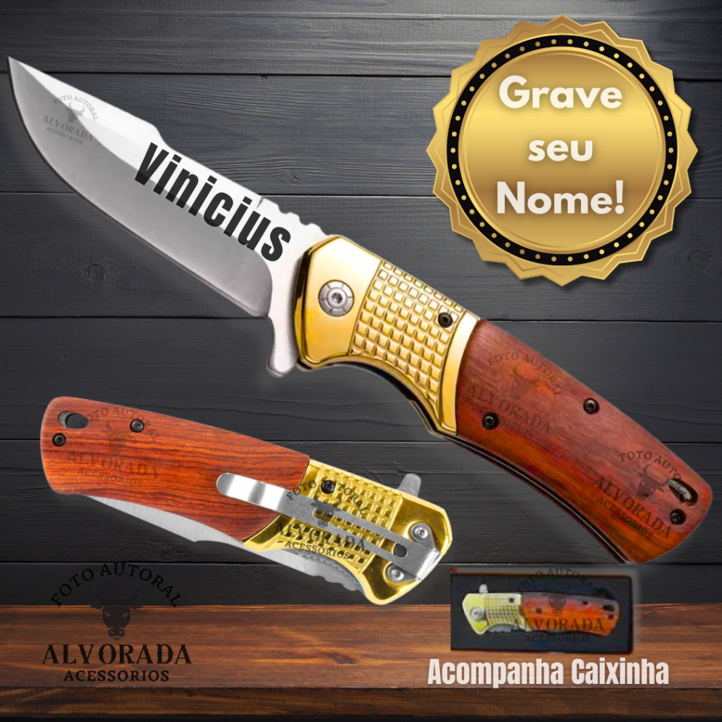 Canivete Luxo Personalizado com Nome com Detalhe Dourado Clip de Bolso