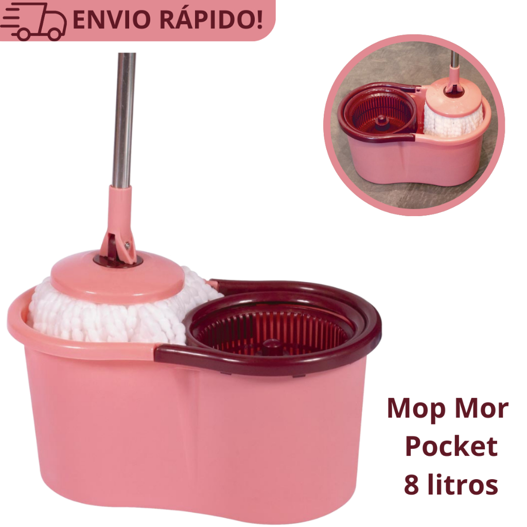 Mop Giratório Mor Rodo Esfregão De Limpeza Com Balde Centrífuga Pocket Mopi Mob Moop 8 Litros Rosa