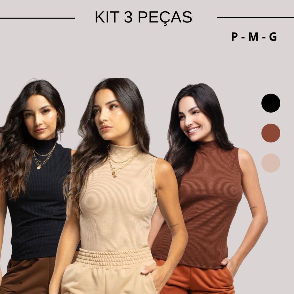 KIT 3 regatas feminina regata gola alta regata canelada camiseta básica