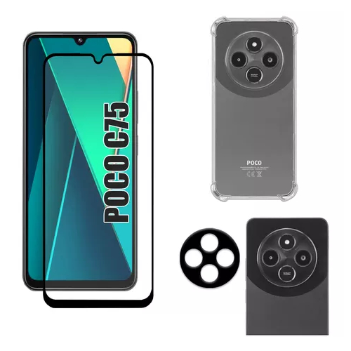 KIt Pelicula Vidro 3D Xiaomi Poco C75 + Capa Capinha Anti Shock + Pelicula Camer