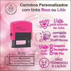 Carimbo personalizado com tinta rosa, lilás, Vermelha, azul, verde ou tinta preta