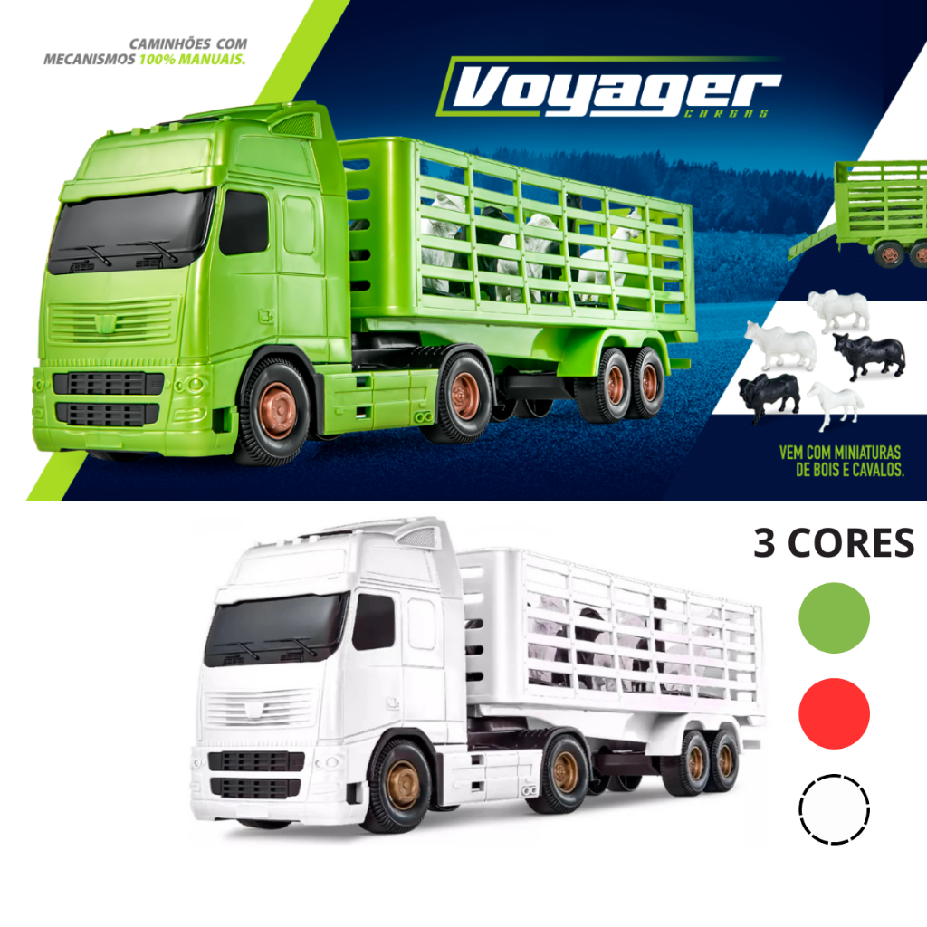 Carrinho Brinquedo Caminhão Voyager Boiadeiro  Roma Brinquedos Verde Vermelho E Branco Com Bois E Cavalos De Criança