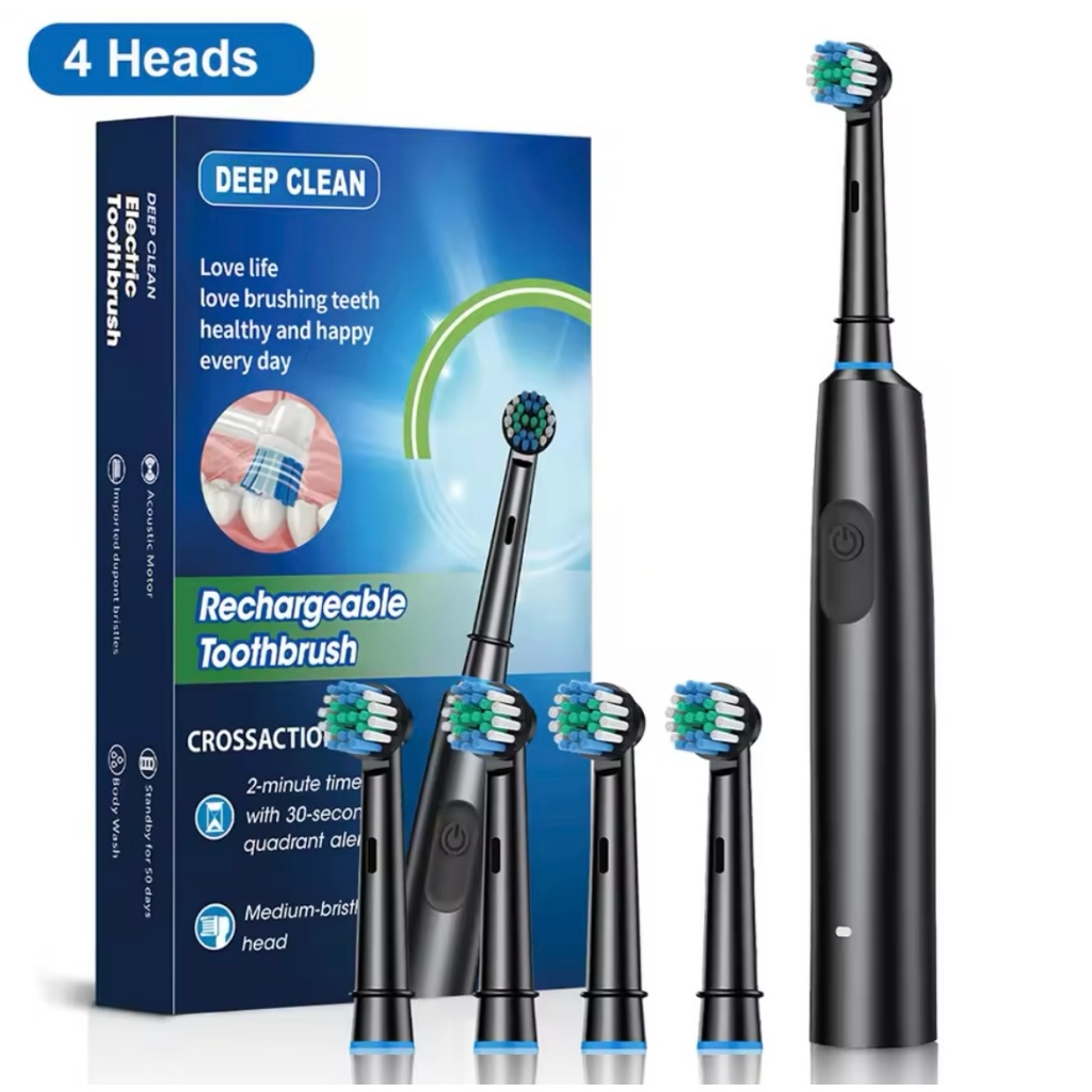 Escova de Dente Elétrica Rotativa Recarregável Com 4 Cabeças Para Adultos - Bateria 800mAh