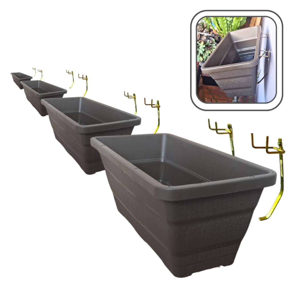 Kit Horta Vertical - 4 Jardineira 9,7L com Suportes de Parede - Floreira Retangular - 4JR42_8SI em Oferta na Shopee