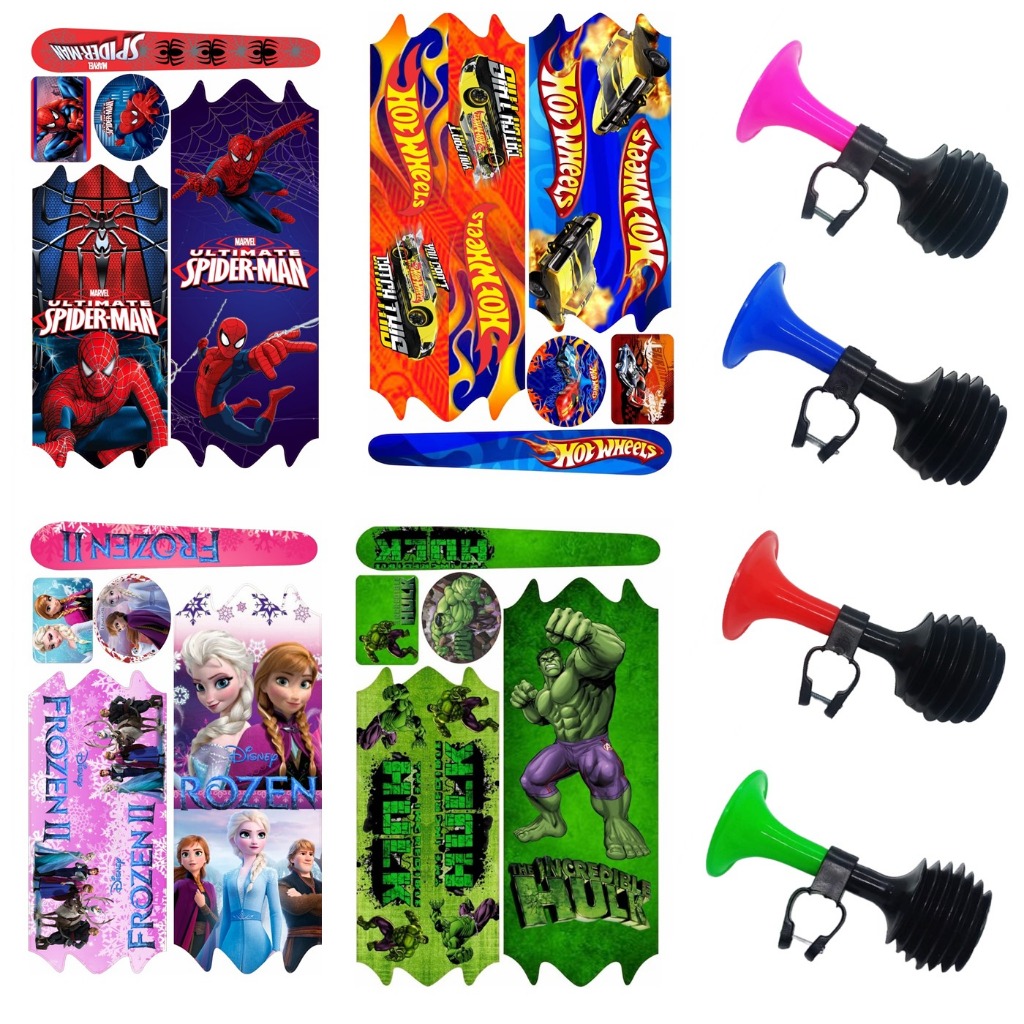 Cartela Adesivo Bicicleta Aro 14 16 20 Personagens Disney Marvel + Cornetinha Buzina Fon Fon