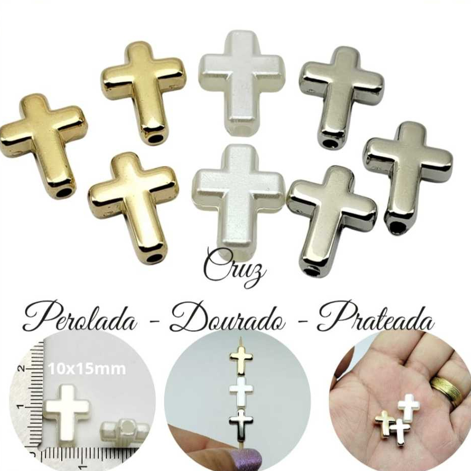 Cruz perolada ,dourada e prateada ABS 50 unidades, tam 13x17mm, ideal para artesanato em geral. em Oferta na Shopee
