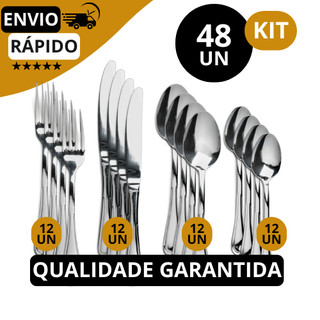 Jogo de Talheres 48 peças Aço Inox 12 Facas 12 Garfos de Mesa 12 Colheres e 12 Colheres d…