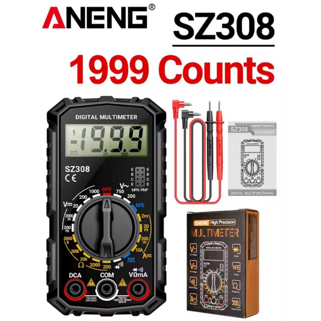 ANENG-SZ308 Onda quadrada Tester Digital, 1999 Conta, HFE Triodo, Buzzer, Multímetro, AC, DC, Tensão 10A