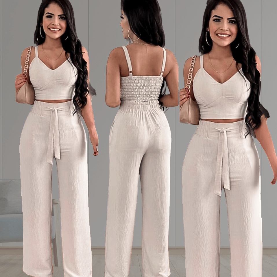 Conjunto Feminino Mais Desejado do Momento Cropped e Calça Pantalona Cintura Alta Estilo C...