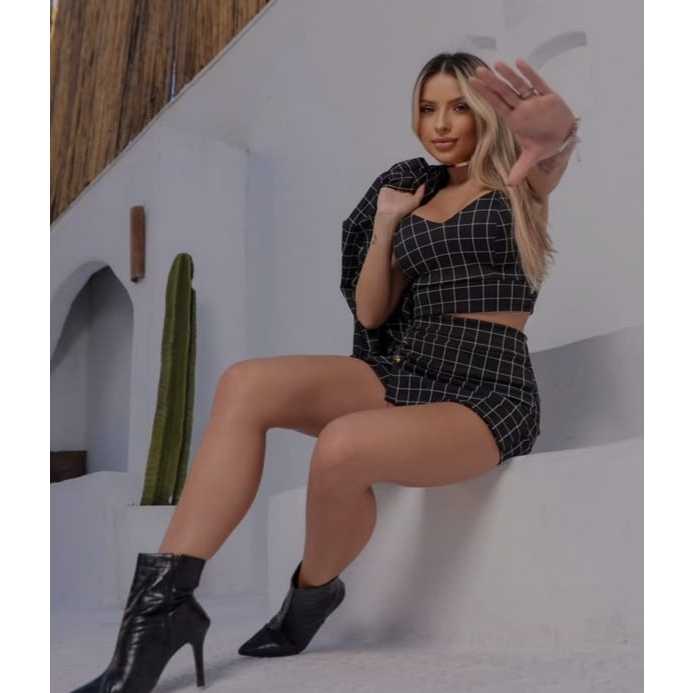 conjunto feminino xadrez 3 pecas tecido ponto roma