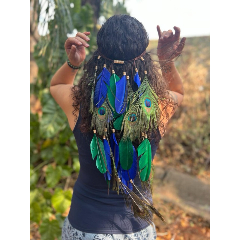 Tiara de penas de pato e pavão cabocla caboclo umbanda candomblé indígena artesanal personalizada fantasia cocar penacho
