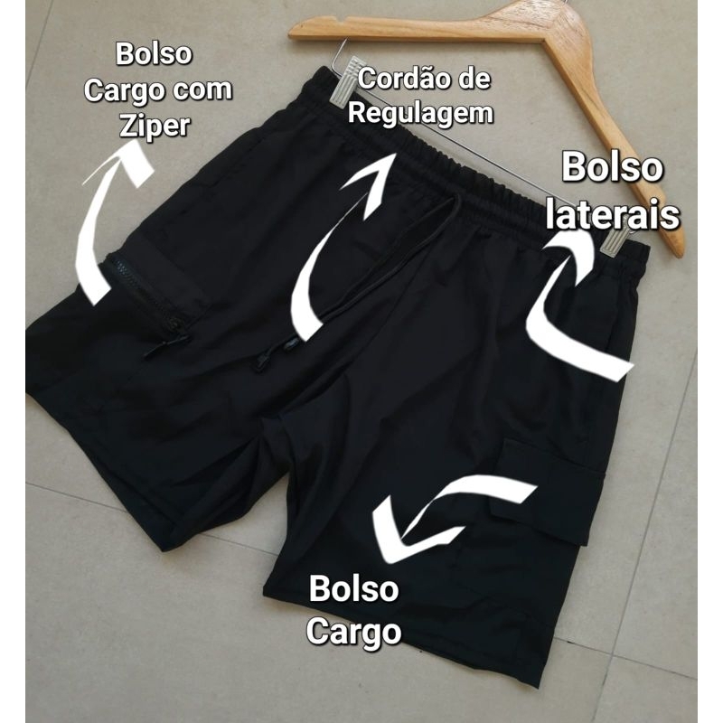 Short Cargo com zíper/Short Elastano Masculino Cargo/ Short Tactel com Elastano Cargo