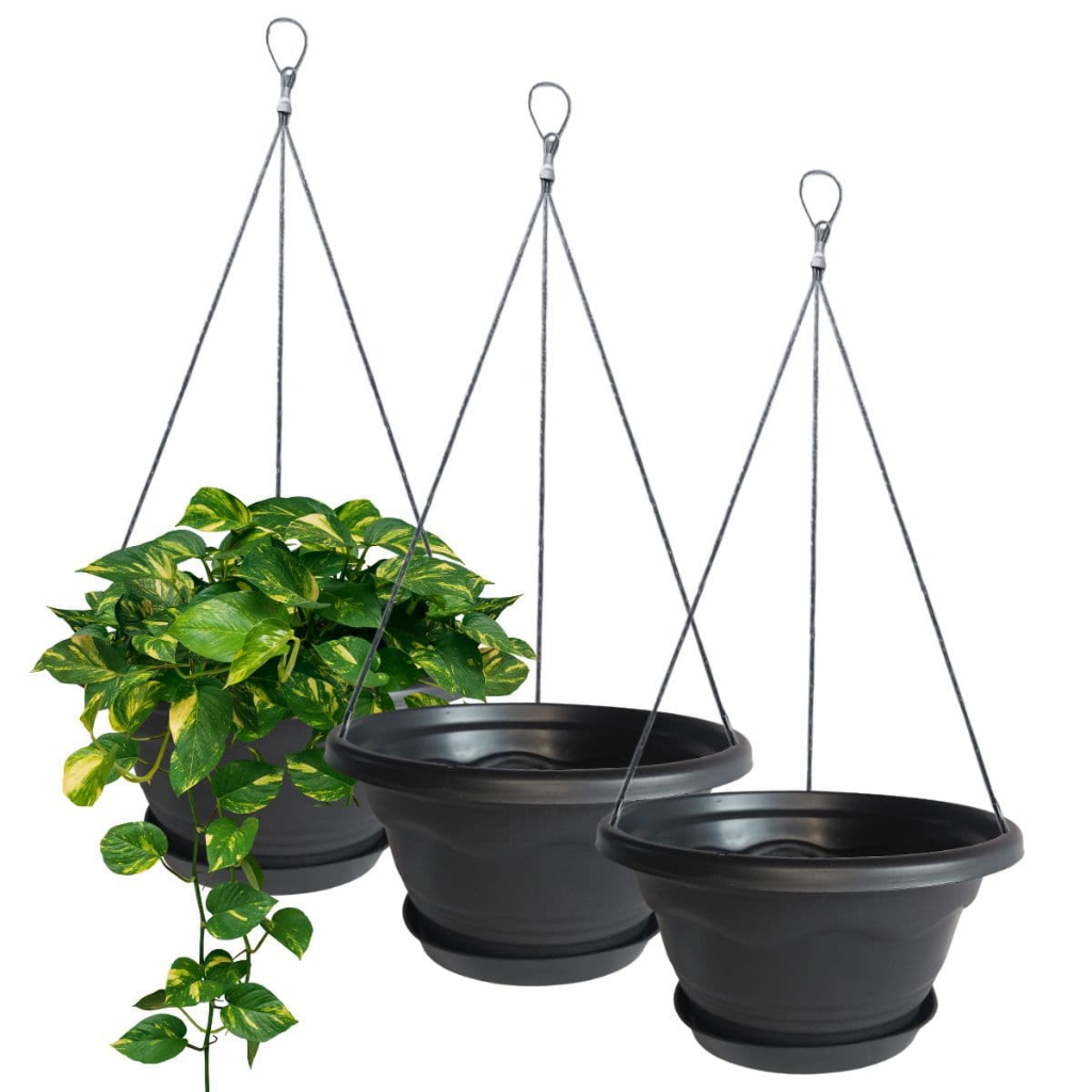 Kit 3 Vaso Cuia Suspenso Pendente Completo Para Plantas Como Samambaia Avenca Com Prato 01 Preto + Cabo de Aço 44cm 1927
