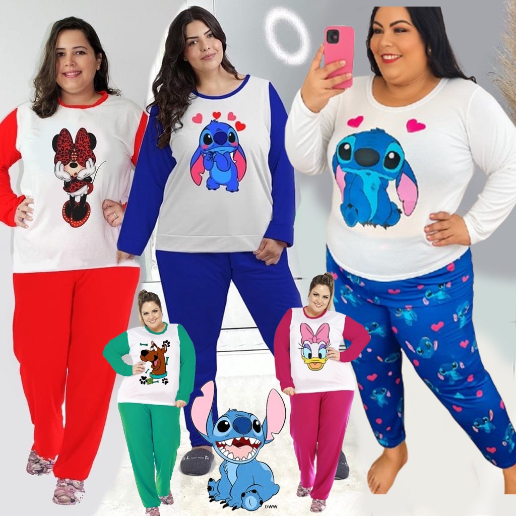 Pijama Feminino PLUS SIZE Barato Blusa Longa e Calça Luxo Inverno Personagens