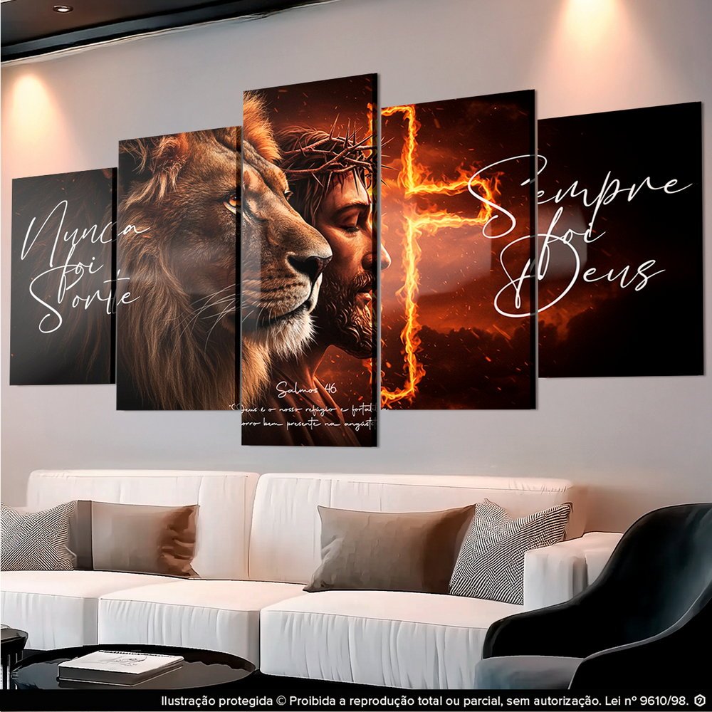 Quadro Decorativo 5 peças Religioso Leão Cruz Jesus por Amor Motivacional Salmos para Sala em Oferta na Shopee
