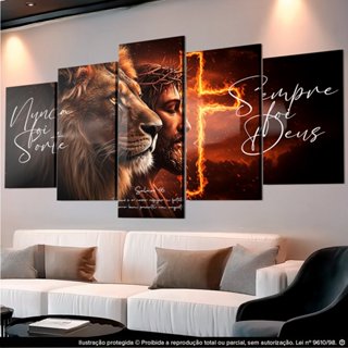 Quadro Decorativo 5 peças Religioso Leão Cruz Jesus por Amor Motivacional Salmos para Sala em Oferta na Shopee