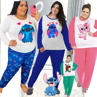 Pijama Feminino PLUS SIZE Barato Blusa Longa e Calça Luxo Inverno Personagens