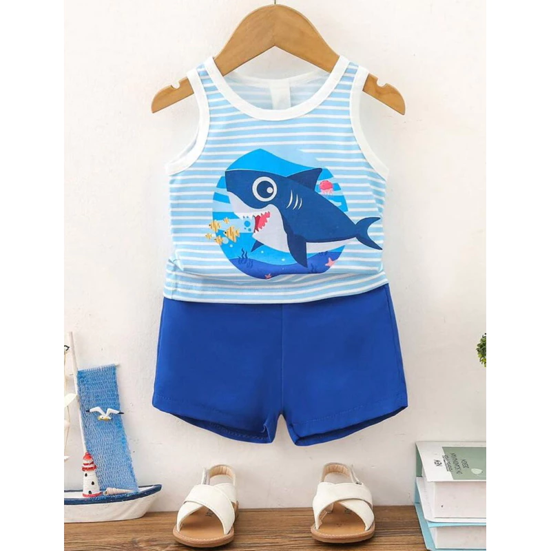 Conjunto infantil De Colete Listrado Com Tubarão Impresso E Shorts De Cor Sólida Para Bebê Menino