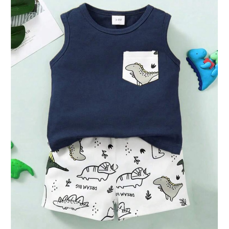 BrownBark 2 Peças Conjunto de Shorts e Regata com Estampa de Dinossauro Fofa para Menino, Conjunto de Verão