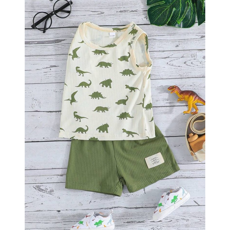 Conjunto infantil Casual De 2 Peças Para Verão - Regata Impressa De Dinossauro Para Bebê Menino E Short Xadrez