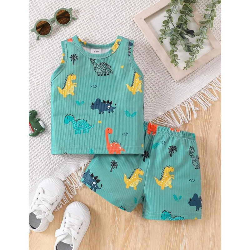 Conjunto infantil Casual de Regata e Shorts Com Estampa de Dinossauro Canelado para Menino Bebê no Verão