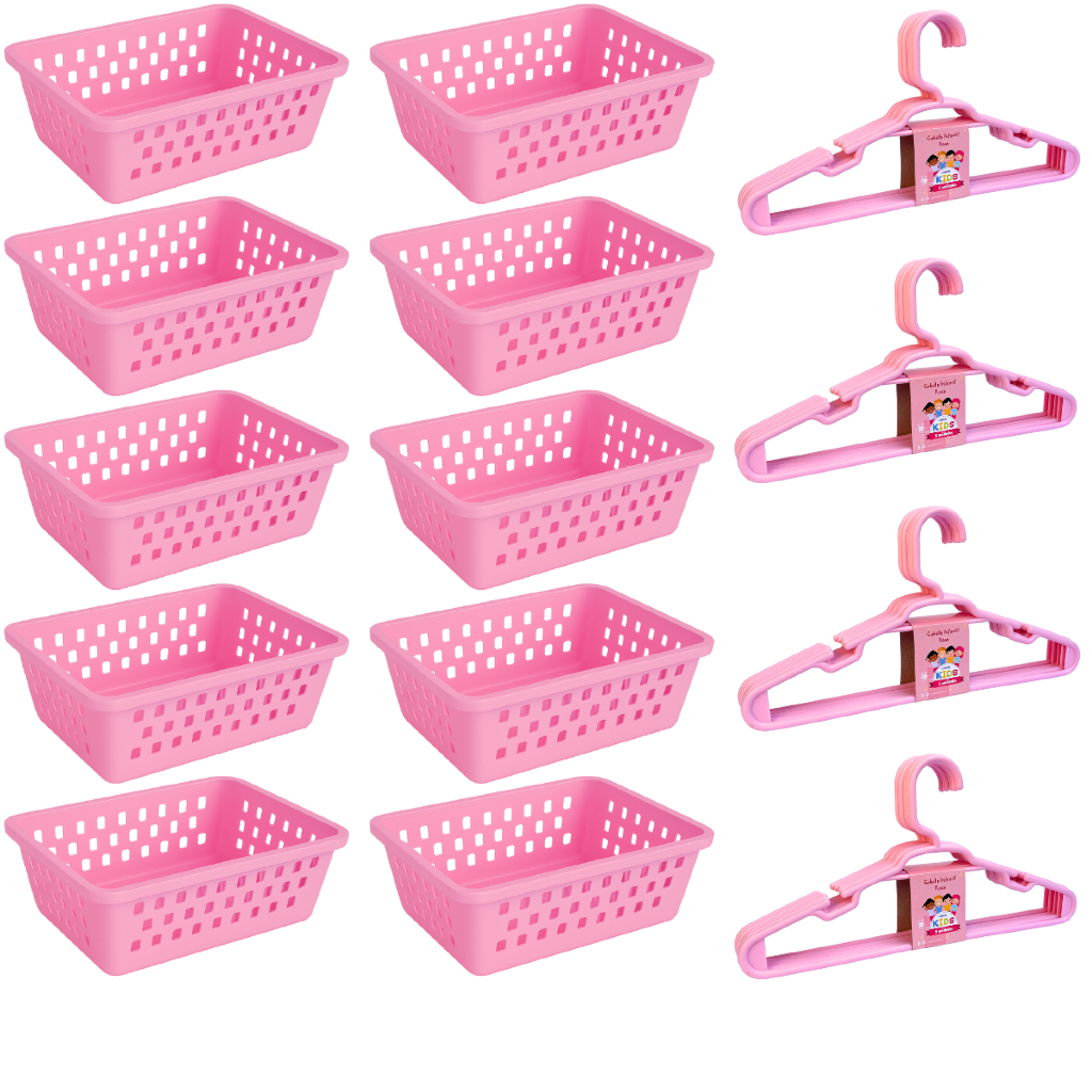 Cesto Organizador e Cabide infantil Kit 10 Cestinhas e 20 Cabides Rosa Para Bebe