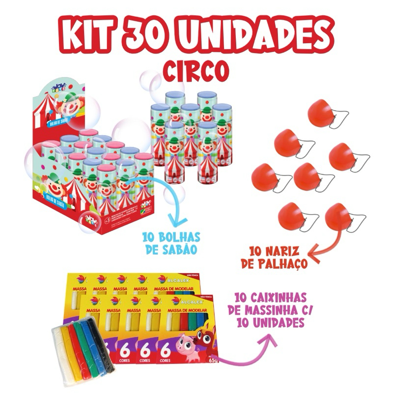 Kit lembrancinha circo 10 Bolhas de sabao + 10 Massinha modelar + 10 Nariz de Palhaço aniversario infantil