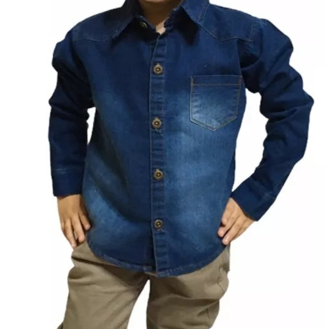 Camisa Jeans Manga Longa Infantil Juvenil de Menino
