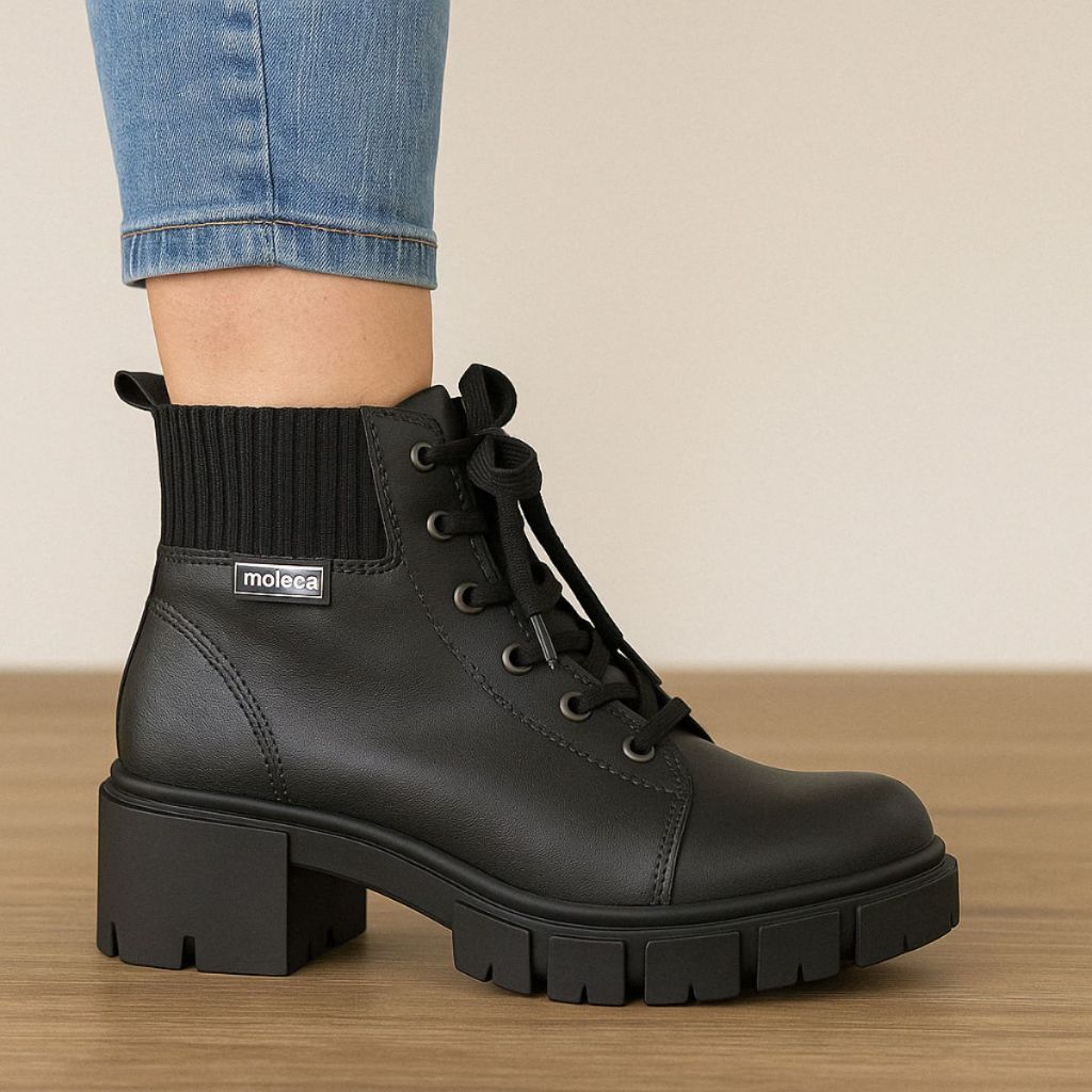 Bota Moleca Coturno Elástico Feminina Salto Tratorado Cano Médio