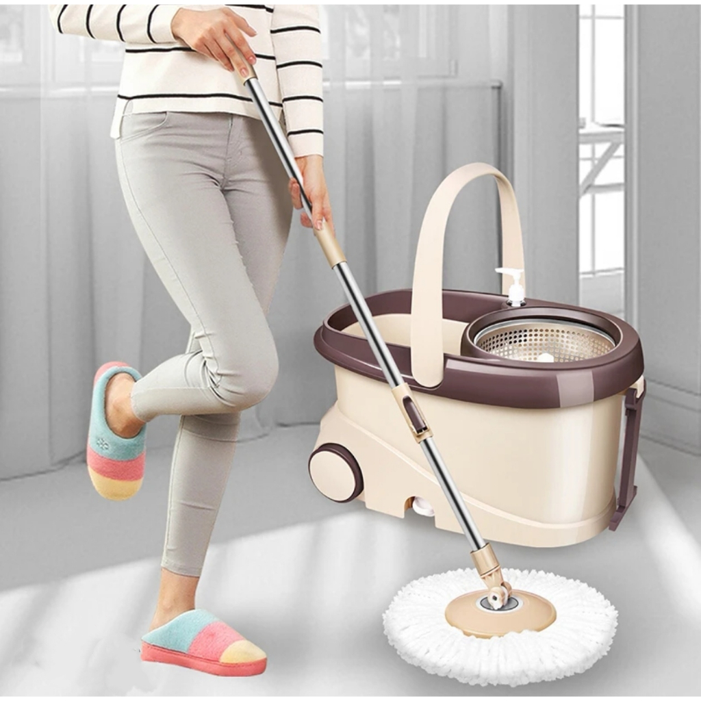 Esfregão Removível 16L Cabo 140cm + 3 Refis Esfregão giratório com cesto aço inox Rodo 360...