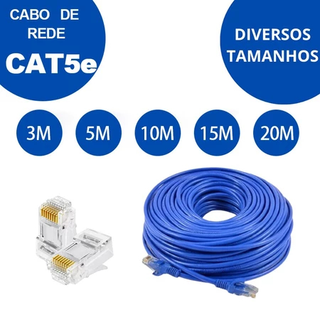 Cabo de Rede LAN Ethernet Cat5e Azul Montado RJ45 Internet, Roteador, Smartv, Tvbox, Games 3m/5m/10m/15m/20m