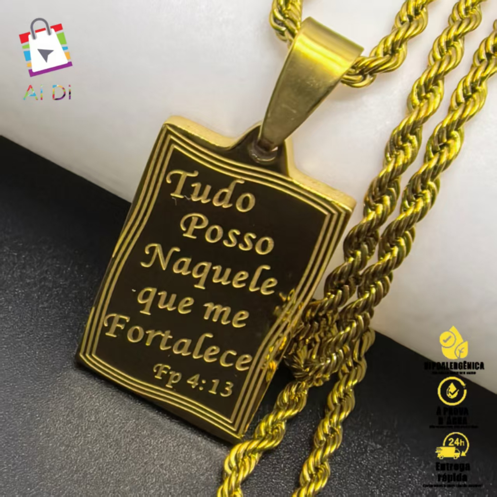 Corrente Masculina com Pingente “Tudo Posso Naquele” – Aço Inoxidável 316L Banhado a Ouro em Oferta na Shopee