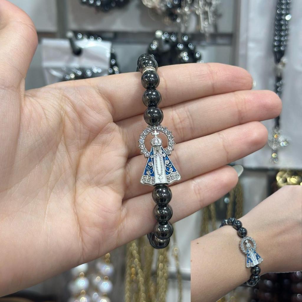 Pulseira Hematita Nossa Senhora Aparecida Resplendor Aço Inox