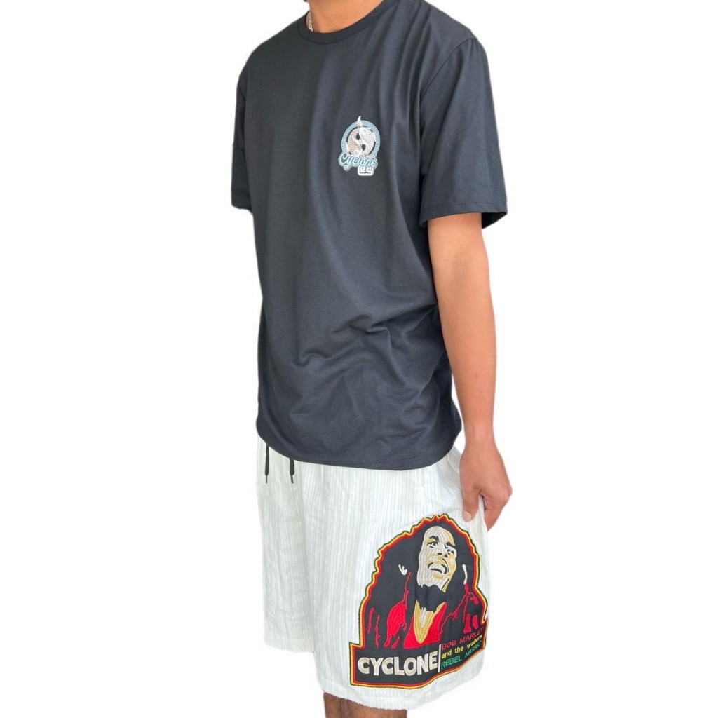 Kit Bermuda Cyclone Branca Bob Marley + Camiseta Preta Cyclone