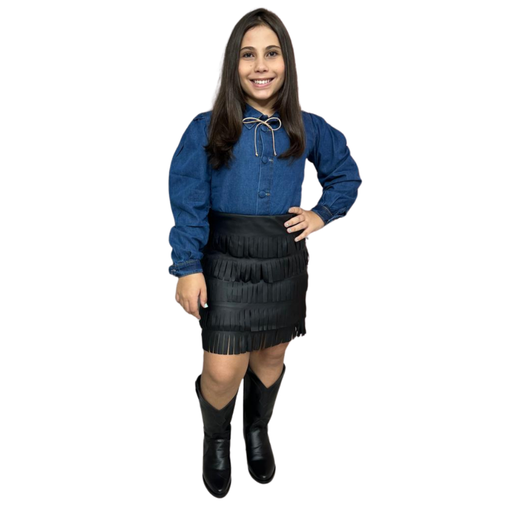 Conjunto infantil feminino camisa jeans e saia de franjas courino boho chic tendencia mini diva
