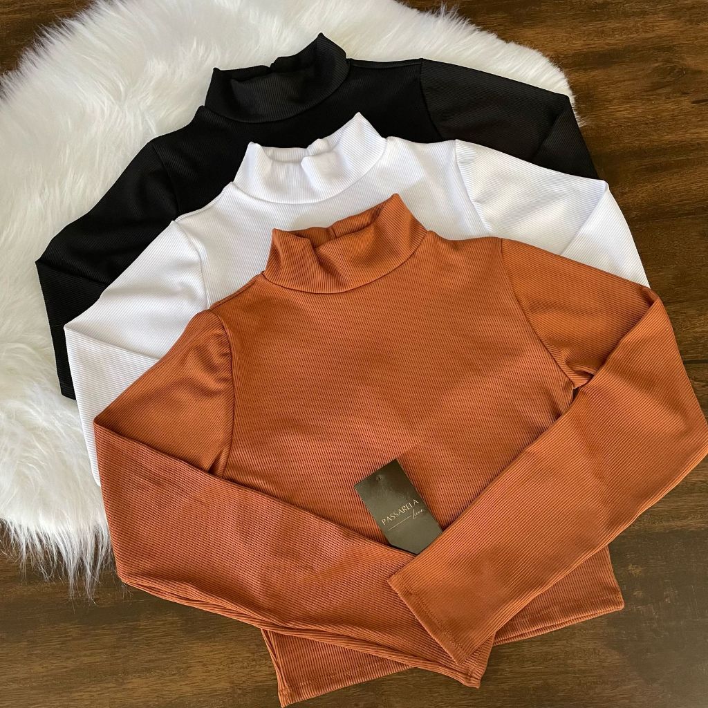Cropped Feminino Manga Longa Básico Gola Alta Tecido Canelado Ribana Canelada Envio em 24 Horas