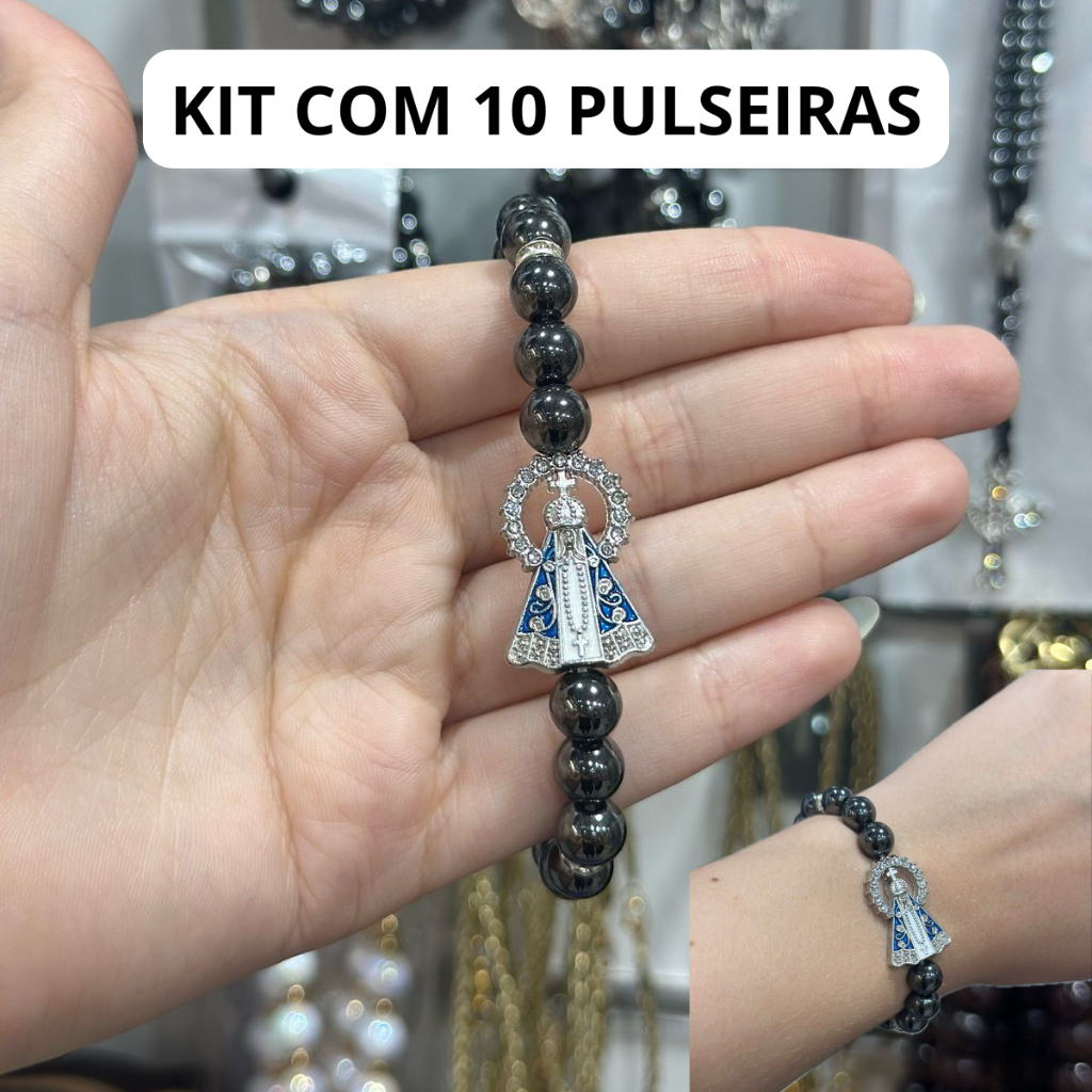 Kit 10 Pulseiras Hematita Nossa Senhora Aparecida Hematita Resplendo Aço Inox - Produto original