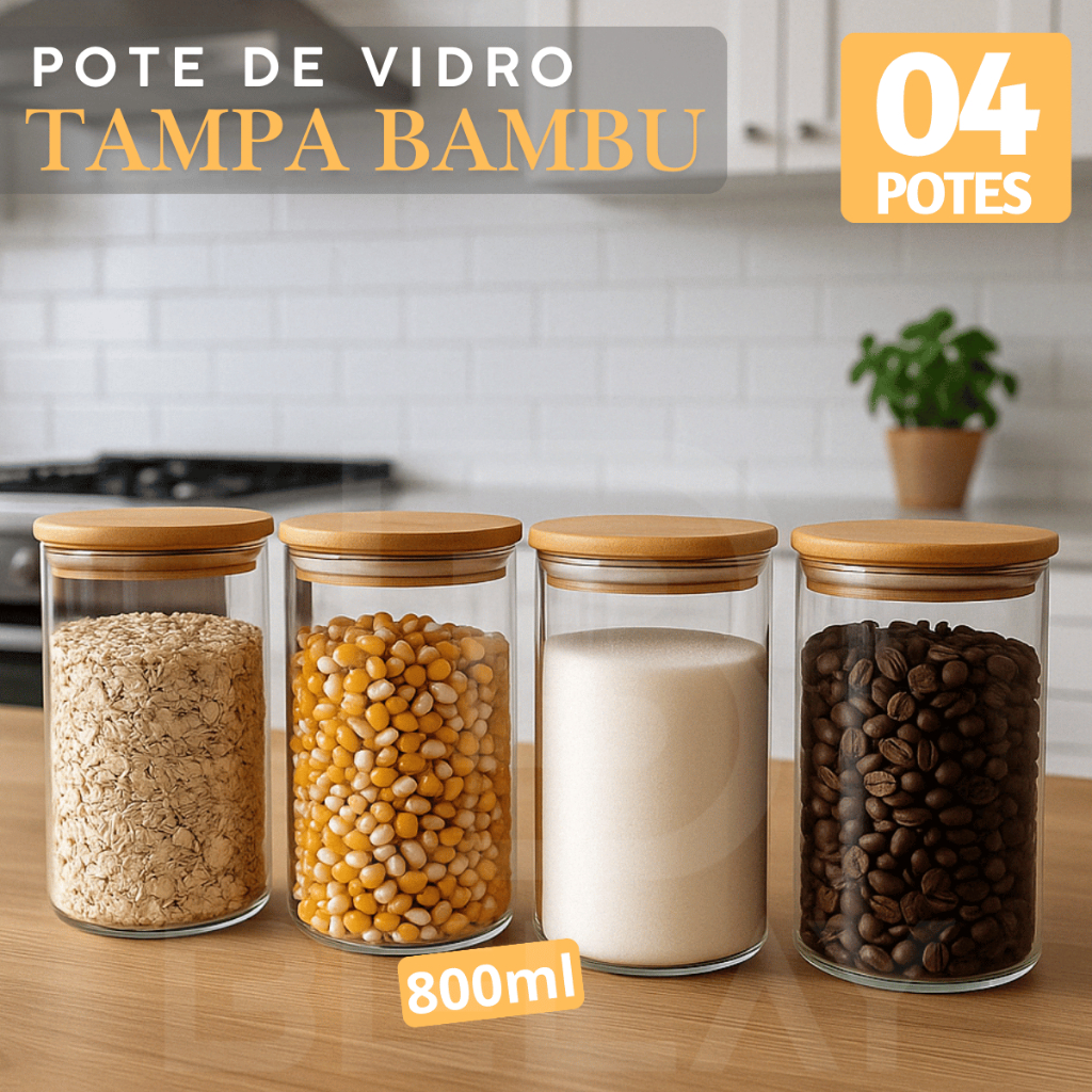 Kit Pote De Vidro Com Tampa Bambu 800ml Hermético Multiuso Overnight Organizador Cozinha Geladeira