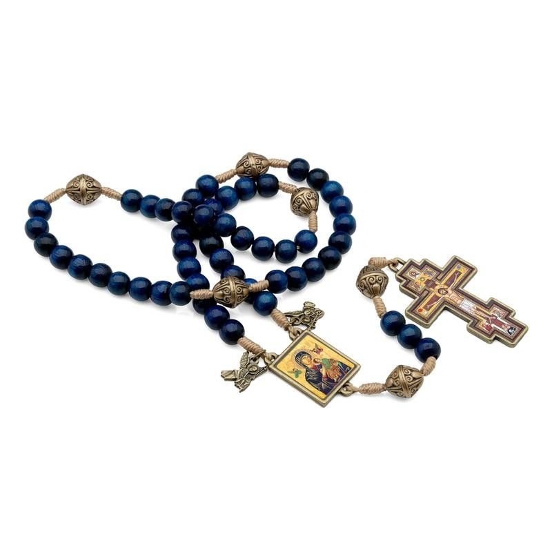Terço Nossa Senhora do Perpétuo Socorro Azul em Madeira Imbuia 8mm