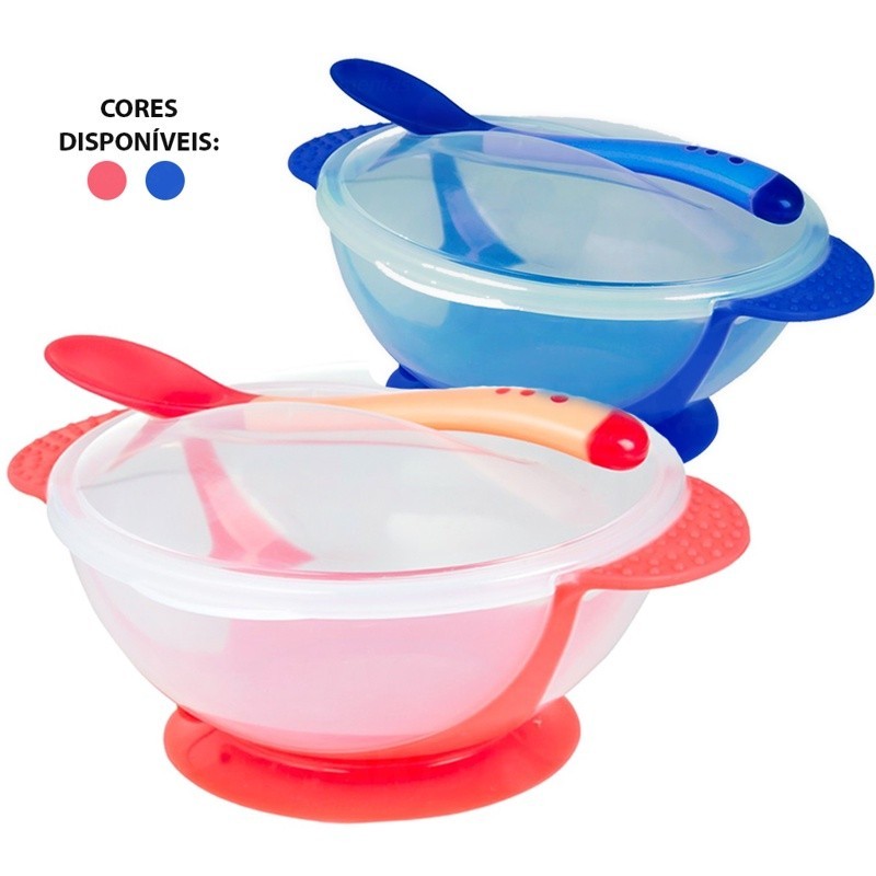 Prato Tigela Infantil Com Ventosa + Colher Silicone Com Tampa Antiderrapante Fixação Mesa