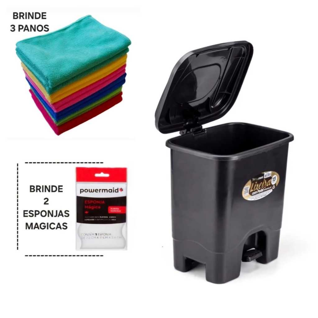 Lixeira Cozinha Quadrada 13 Litros Com Pedal + 3 Panos Limpeza E 2 Esponjas Magicas De Brinde  Praticidade Organização