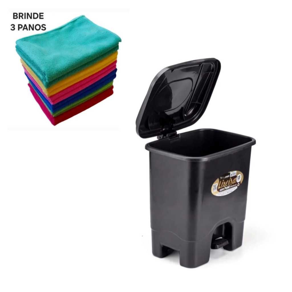 Lixeira Quadrada 13 Litros Com Pedal Banheiro Cozinha + 3 Panos  E 2 Esponjas Brinde Limpeza Organização Praticidade