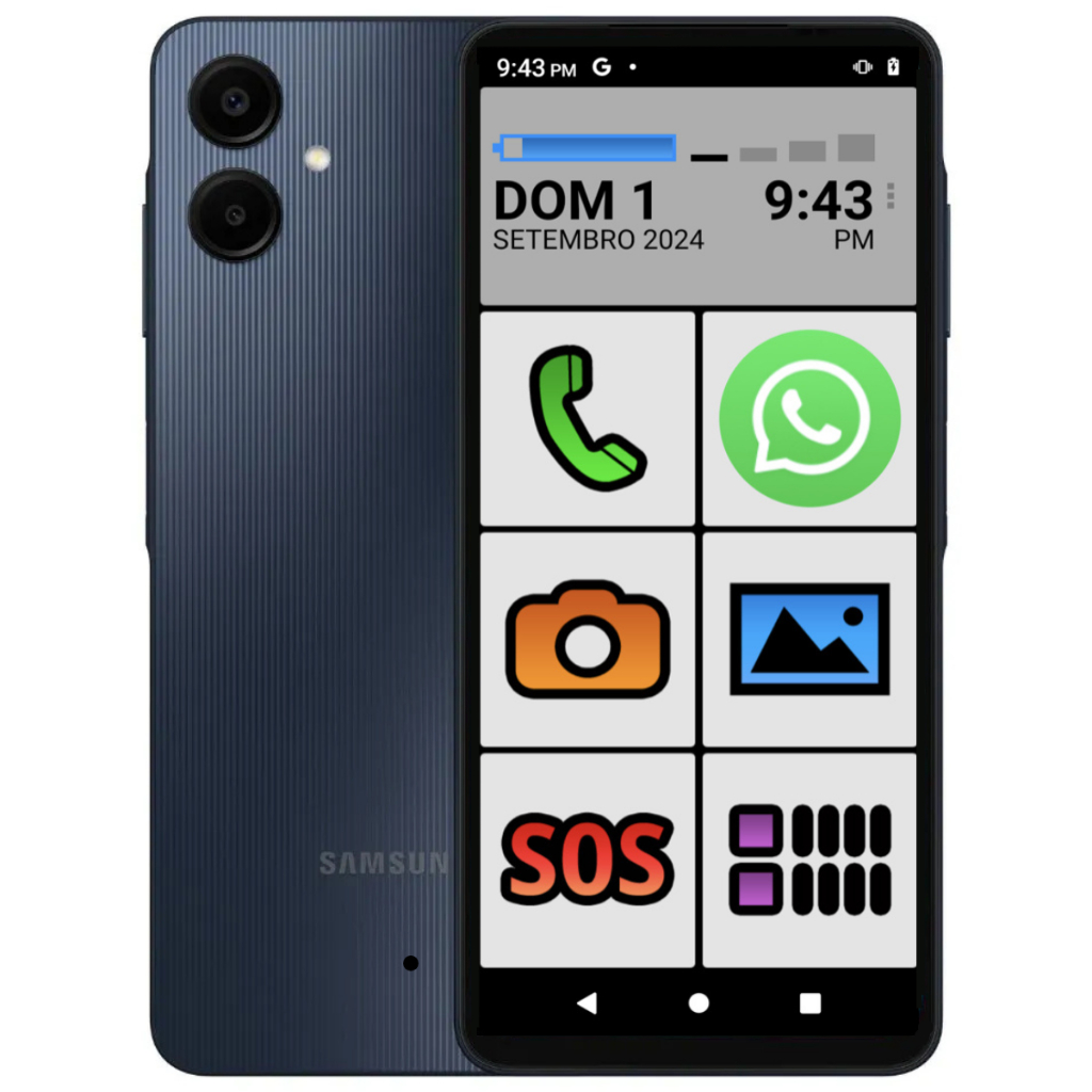 Smartphone Celular Samsung A06 4G 4GB 128GB Para Idoso Botão SOS Emergência WhatsApp Messenger