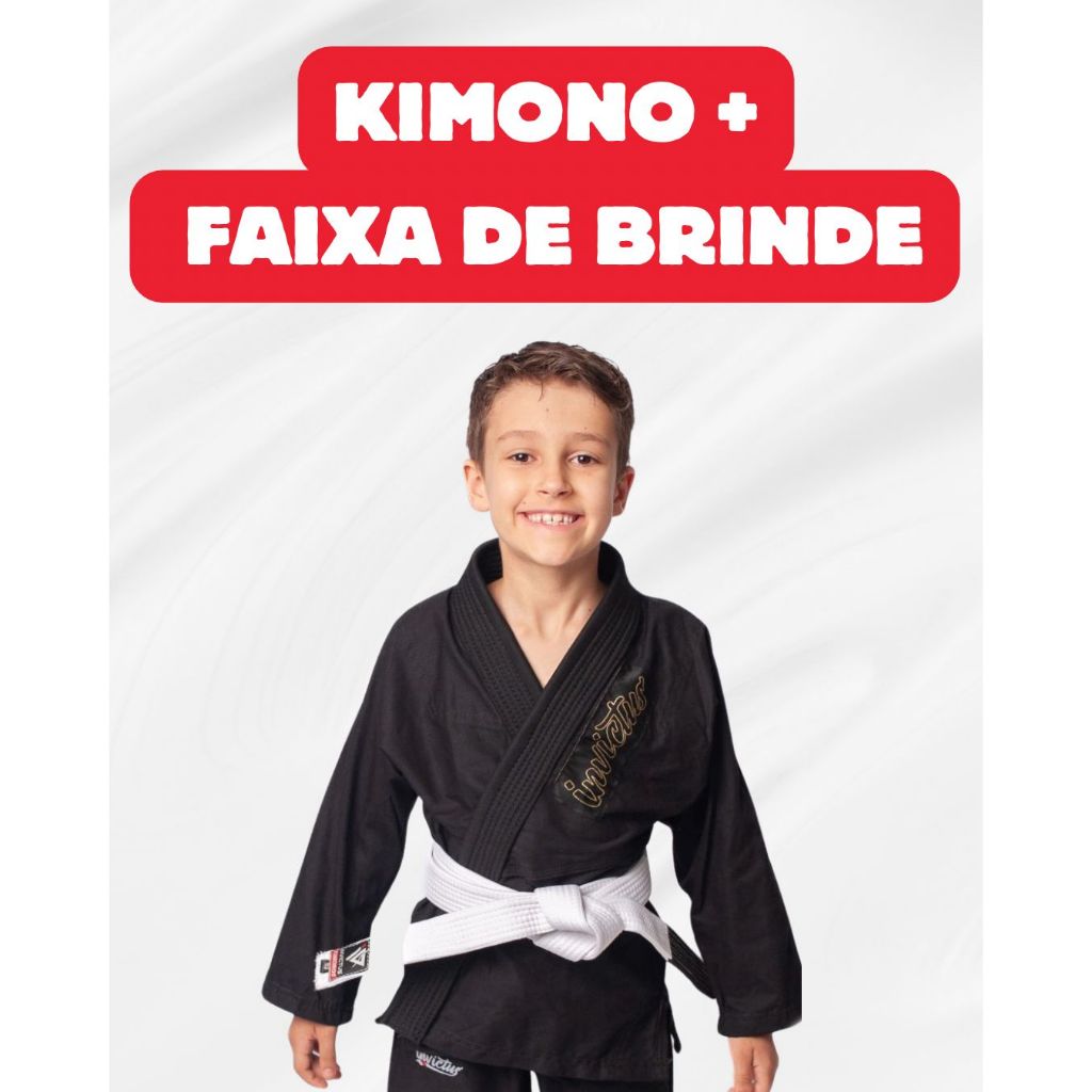 Kimono Infantil Preto Reforçado Jiujitsu, Judo + Faixa Com Ponteira