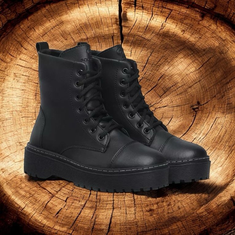 Bota Coturno Feminina Tratorada Preta Moda Blogueira Cano Médio Reforçada Inverno Country Cadarço
