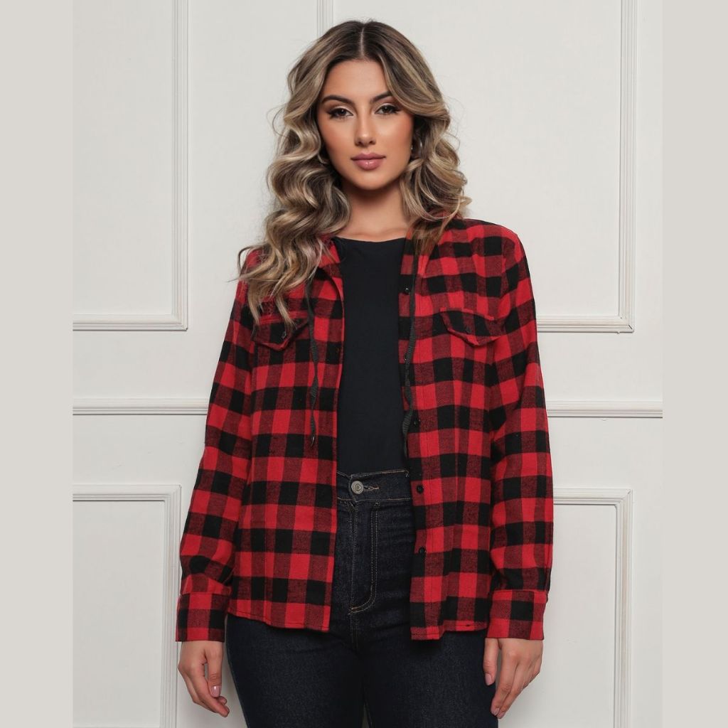 Blusa de frio Feminina Xadrez Flanelado Com Touca/Capuz Camisa Junina