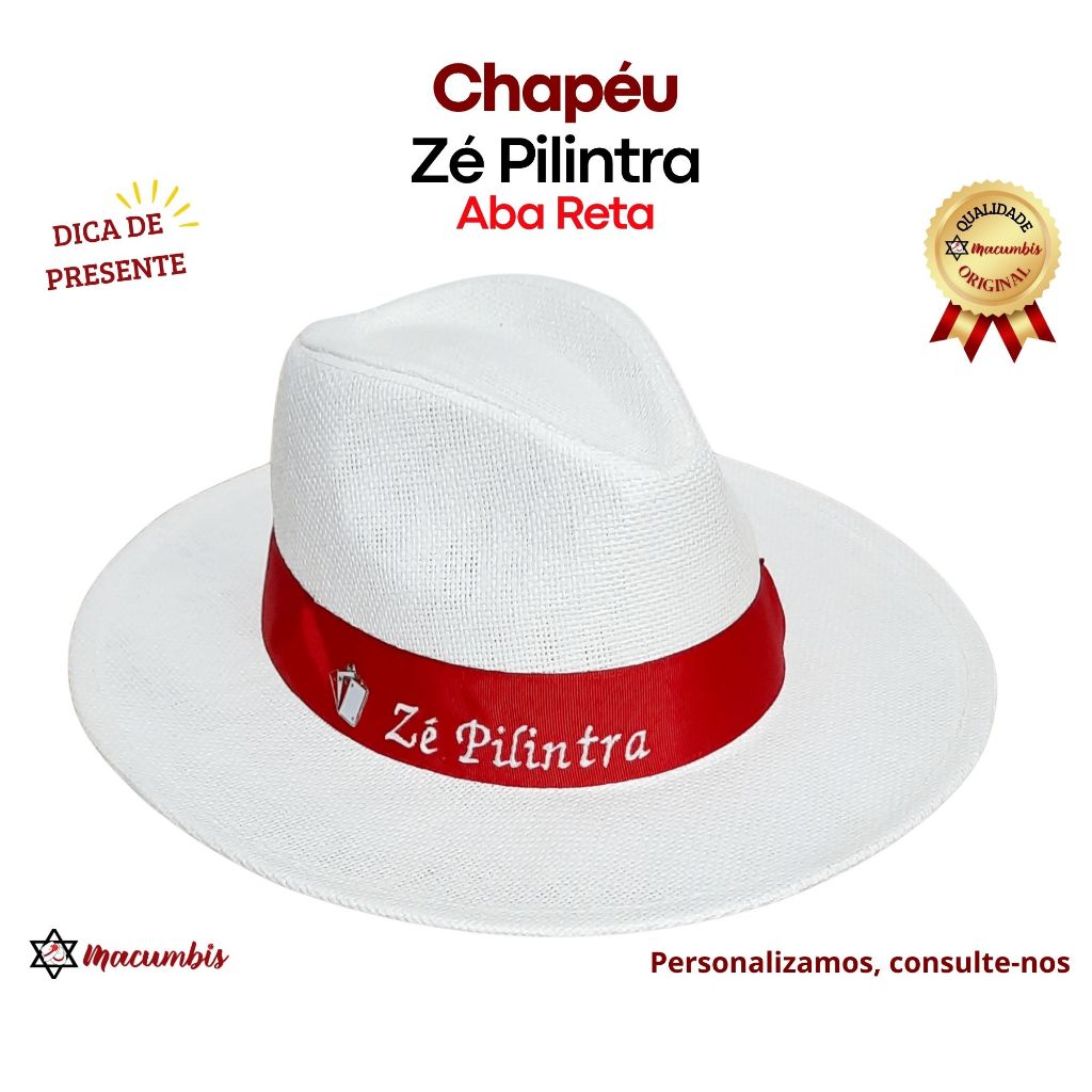 Chapeu Ze Pilintra Panama Aba Reta Branco Fita Vermelha Bordada Ze Pilintra Umbanda Candomblé