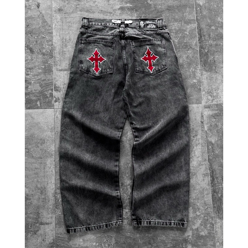 Calça Jeans Baggy Streetwear Larga Balão Trip Side Original Cruz Bordada - Jeans Estonado