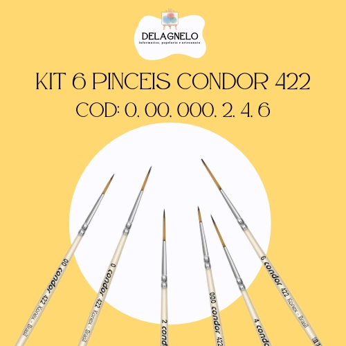 Kit com 6 Pincel Filete Liner Sintetico Condor - Ref. 422 Número 0, 00, 000, 2, 4, e 6