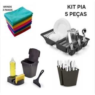 Kit Cozinha 5 Pecas Com Porta Detergente +Rodinho + Lixeira Pia + Escorredor Talheres  + Escorredor Louça +Panos Brinde em Oferta na Shopee